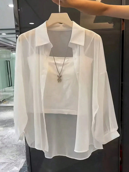 Franclia Turndown Collar Basic Transparent Solid Minimalist Shirt