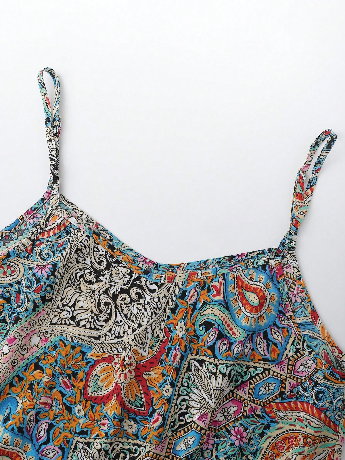 Franclia Women Boho Multicolor Random Print Woven Fabric Cami Top With Spaghetti Strap Regular Length