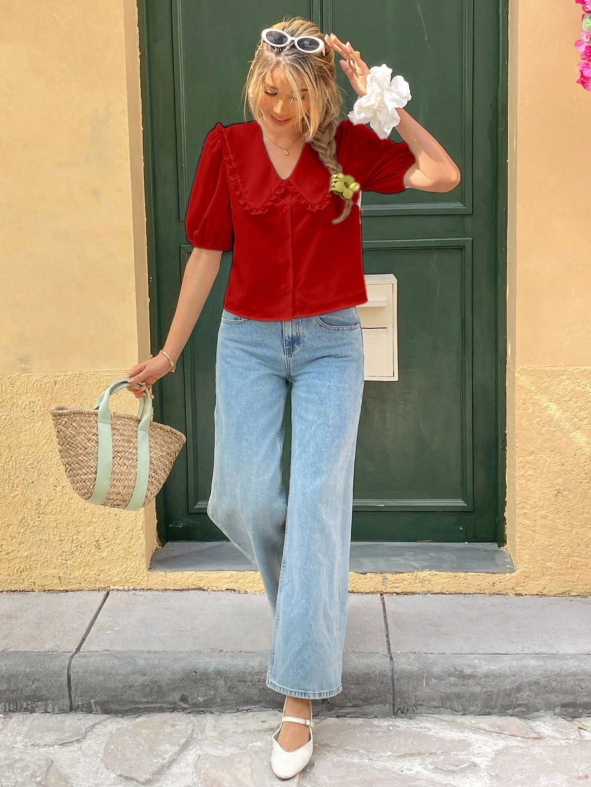 Franclia Women Light Red Summer Cute Everyday Fashionable Casual Versatile Peter Pan Collar Puff Sleeve Single-Breasted Loose Shirt Ruffle Blouse Red Tops