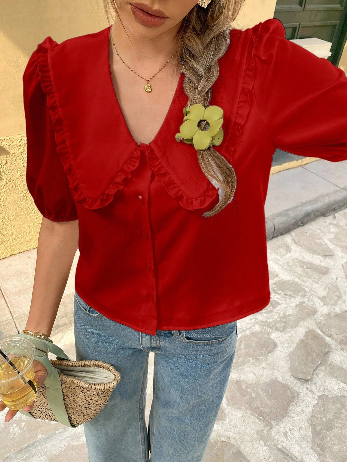 Franclia Women Light Red Summer Cute Everyday Fashionable Casual Versatile Peter Pan Collar Puff Sleeve Single-Breasted Loose Shirt Ruffle Blouse Red Tops