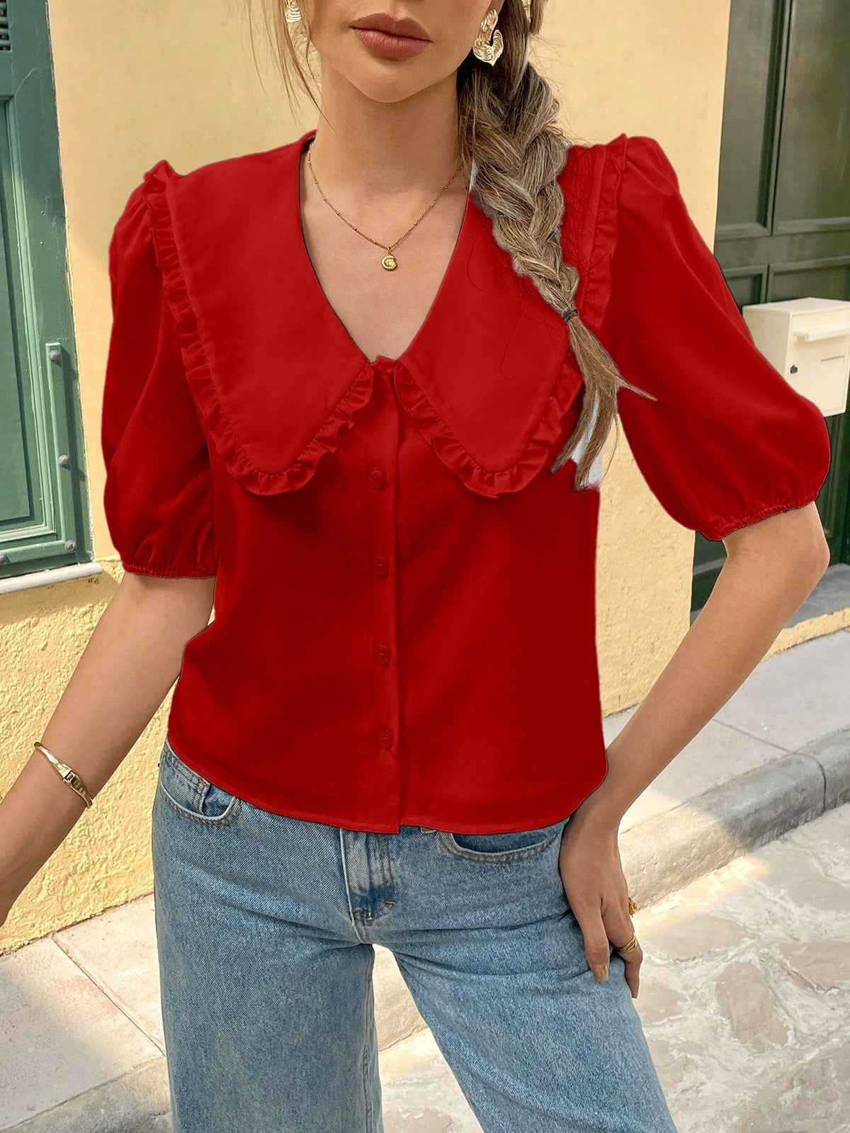 Franclia Women Light Red Summer Cute Everyday Fashionable Casual Versatile Peter Pan Collar Puff Sleeve Single-Breasted Loose Shirt Ruffle Blouse Red Tops