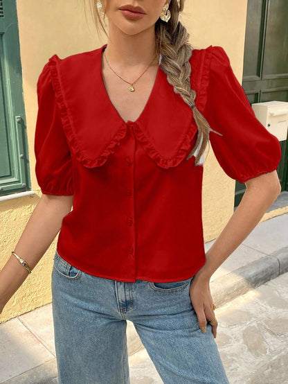 Franclia Women Light Red Summer Cute Everyday Fashionable Casual Versatile Peter Pan Collar Puff Sleeve Single-Breasted Loose Shirt Ruffle Blouse Red Tops