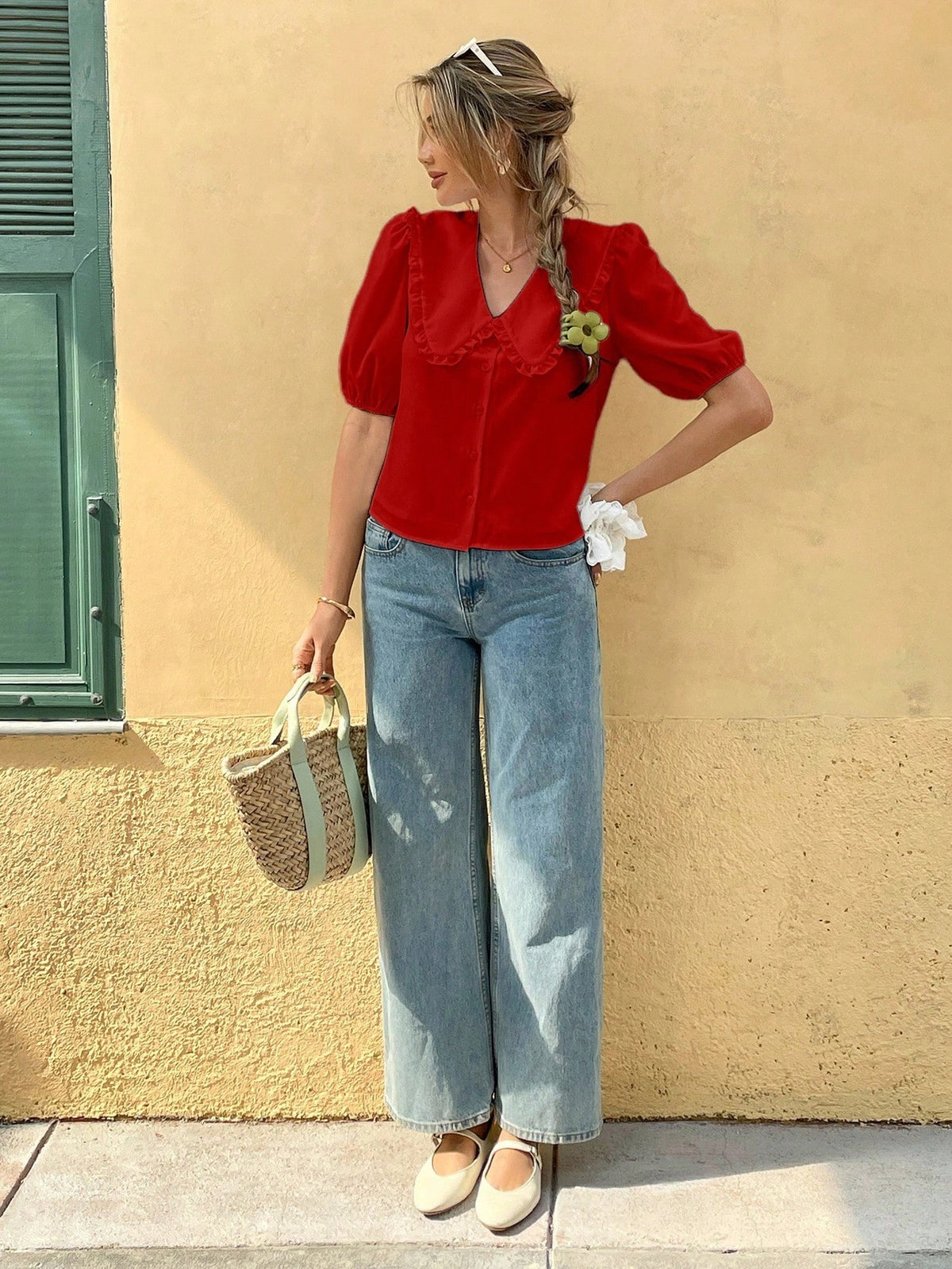 Franclia Women Light Red Summer Cute Everyday Fashionable Casual Versatile Peter Pan Collar Puff Sleeve Single-Breasted Loose Shirt Ruffle Blouse Red Tops
