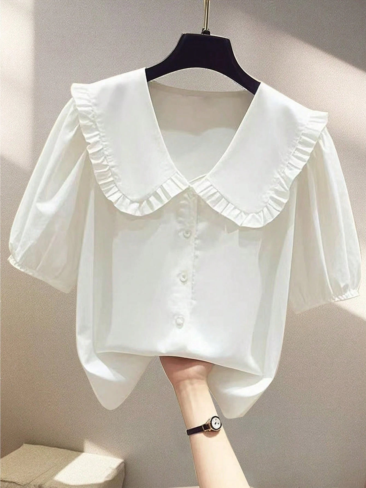 Franclia Women Light Red Summer Cute Everyday Fashionable Casual Versatile Peter Pan Collar Puff Sleeve Single-Breasted Loose Shirt Ruffle Blouse Red Tops