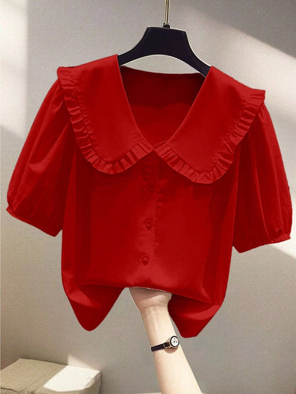 Franclia Women Light Red Summer Cute Everyday Fashionable Casual Versatile Peter Pan Collar Puff Sleeve Single-Breasted Loose Shirt Ruffle Blouse Red Tops