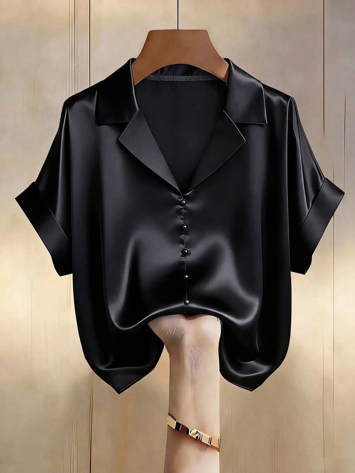 Franclia Women's Black Summer Elegant Office Champagne Satin V-Neck Pearl Button Short Sleeve Blouse,Classy Business Casual Zanzea Zip Up Top Clothes For Lady