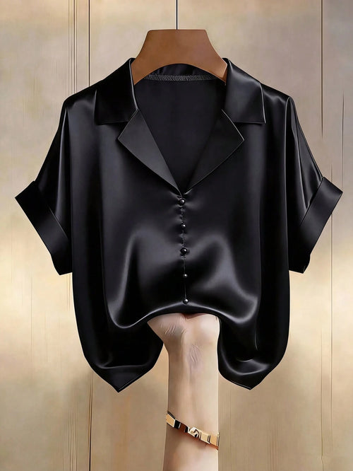 Franclia Women's Black Summer Elegant Office Champagne Satin V-Neck Pearl Button Short Sleeve Blouse,Classy Business Casual Zanzea Zip Up Top Clothes For Lady