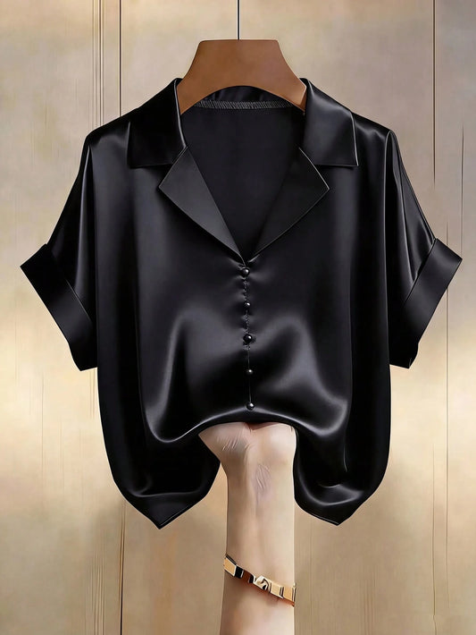 Franclia Women's Black Summer Elegant Office Champagne Satin V-Neck Pearl Button Short Sleeve Blouse,Classy Business Casual Zanzea Zip Up Top Clothes For Lady