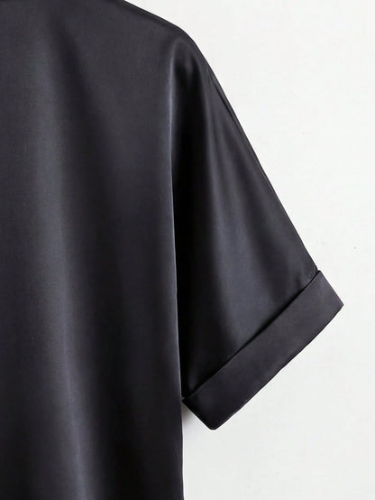 Franclia Women's Black Summer Elegant Office Champagne Satin V-Neck Pearl Button Short Sleeve Blouse,Classy Business Casual Zanzea Zip Up Top Clothes For Lady