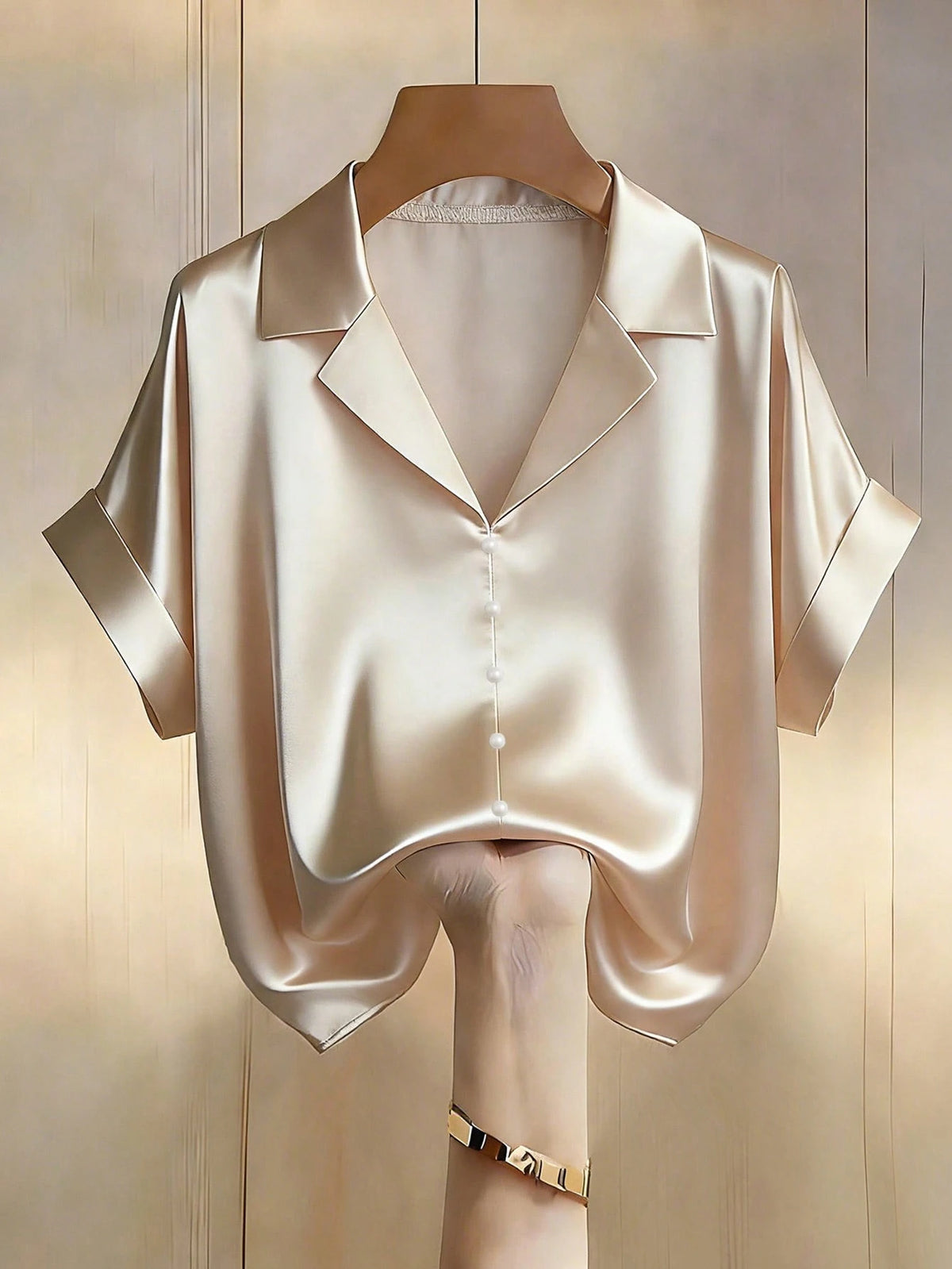 Franclia Women's Black Summer Elegant Office Champagne Satin V-Neck Pearl Button Short Sleeve Blouse,Classy Business Casual Zanzea Zip Up Top Clothes For Lady