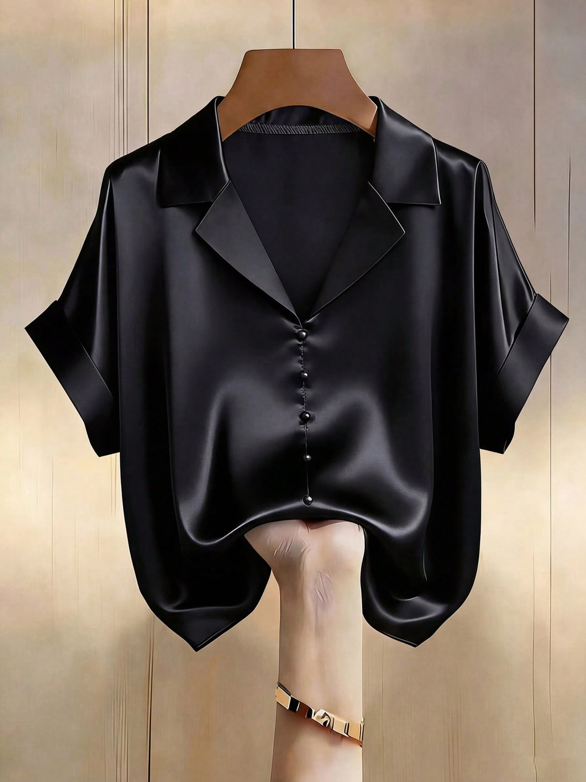Franclia Women's Black Summer Elegant Office Champagne Satin V-Neck Pearl Button Short Sleeve Blouse,Classy Business Casual Zanzea Zip Up Top Clothes For Lady