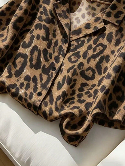 Franclia Women's Brown Leopard Print Short Sleeve Shirt,Summer Casual Vacation Collared Blouses,Elegant Versatile Solid Color Tops,Outdoor Dressing Jacket