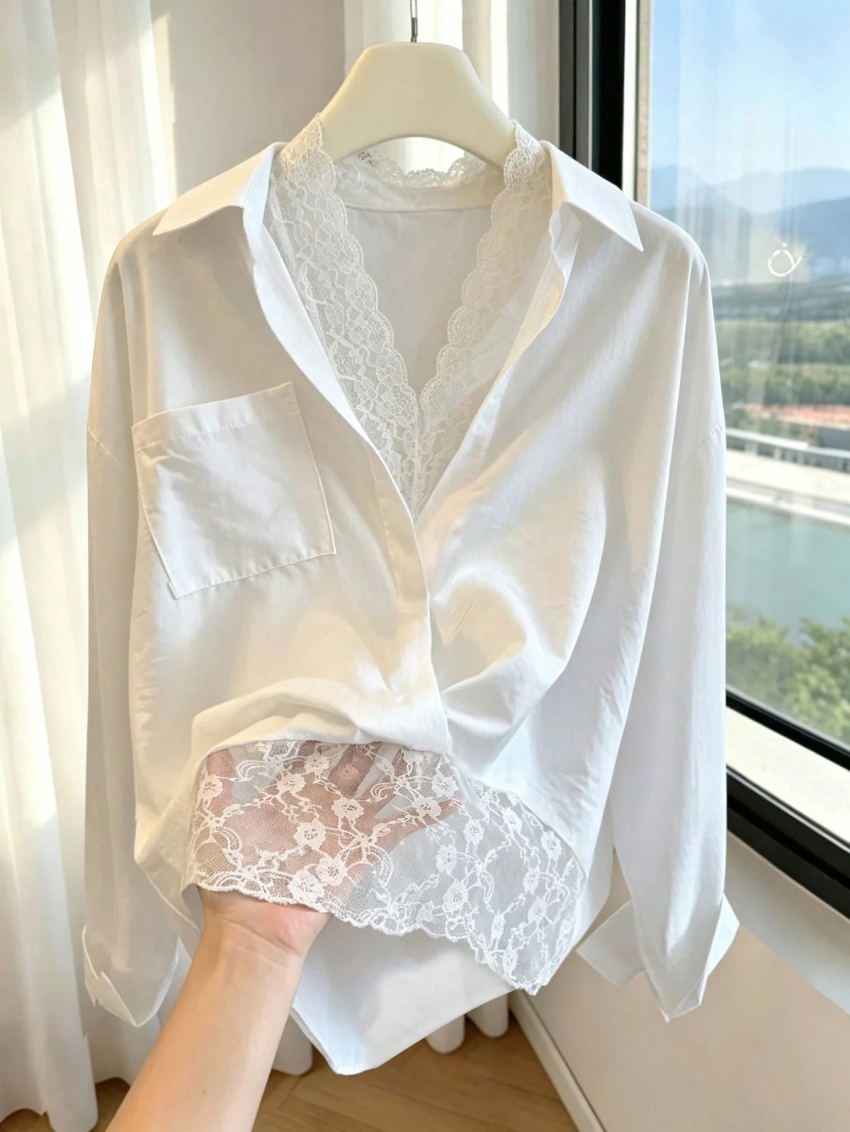 Franclia Women's Casual Comfortable Sexy Lace Patchwork 2 In 1 Solid Color Blouse