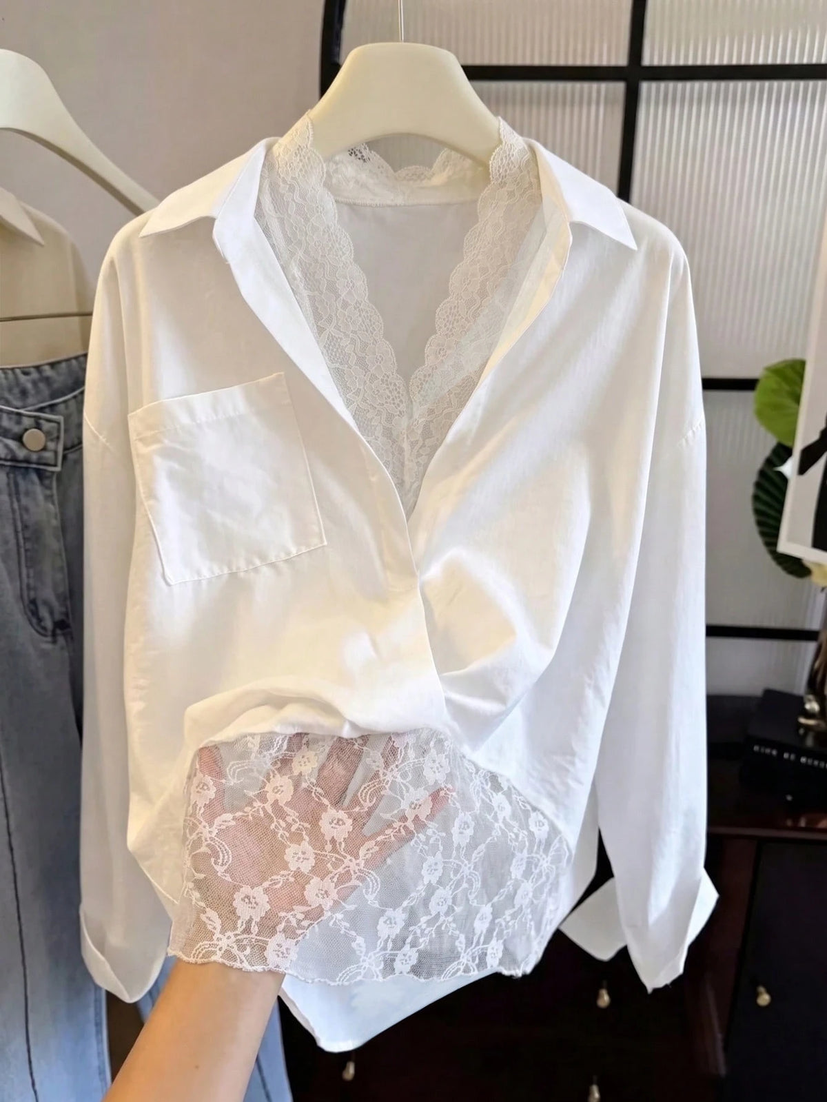 Franclia Women's Casual Comfortable Sexy Lace Patchwork 2 In 1 Solid Color Blouse
