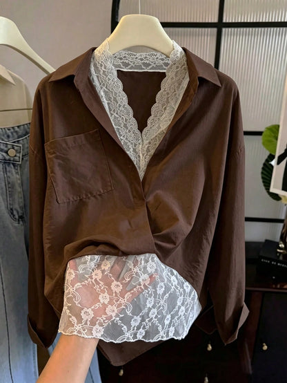 Franclia Women's Casual Comfortable Sexy Lace Patchwork 2 In 1 Solid Color Blouse