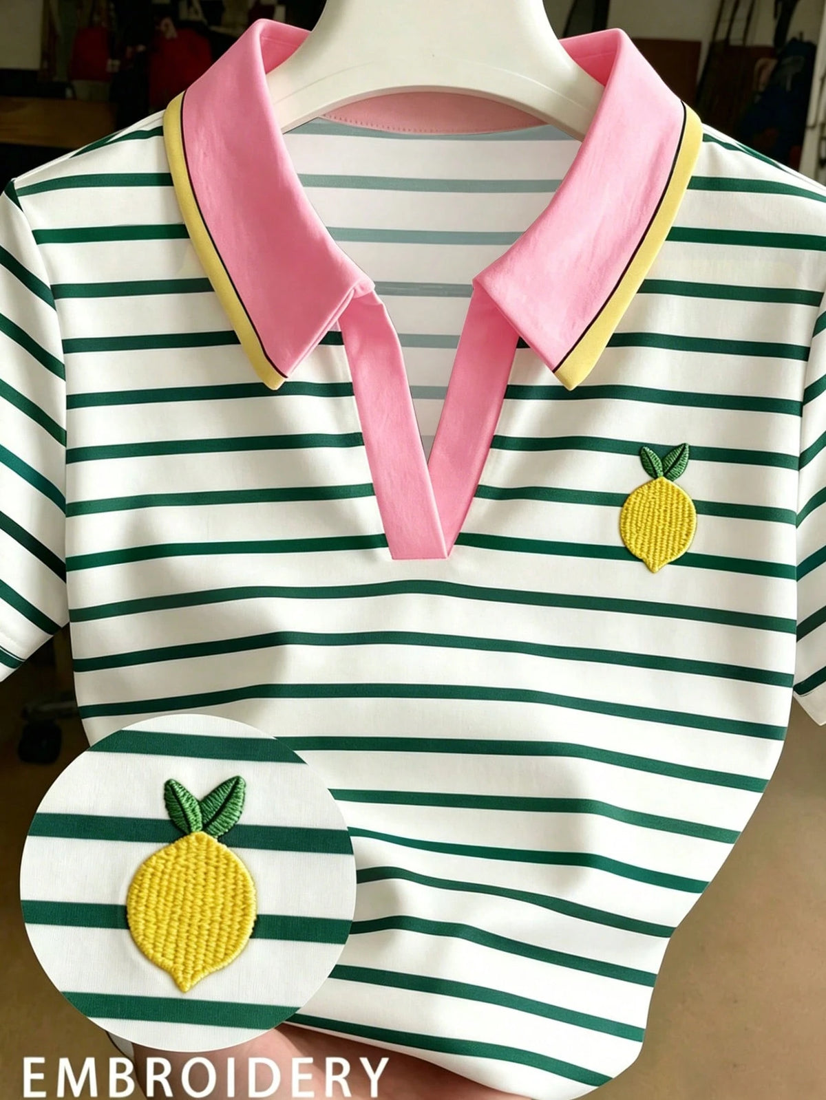 Franclia Women's Casual Lemon Embroidery Striped Print Short Sleeve T-Shirt, Suitable For Daily Commute And Vacation