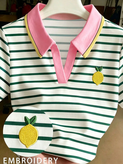 Franclia Women's Casual Lemon Embroidery Striped Print Short Sleeve T-Shirt, Suitable For Daily Commute And Vacation