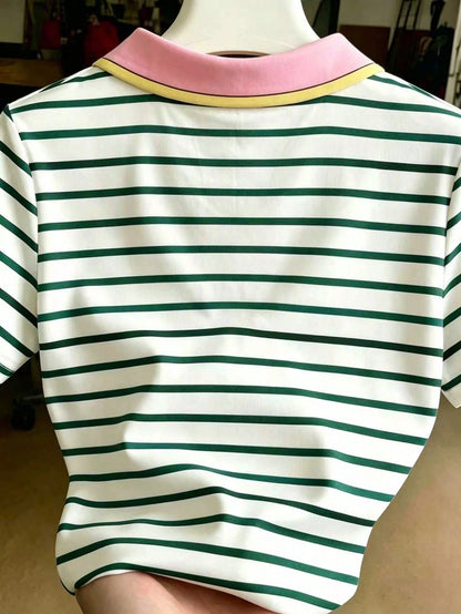 Franclia Women's Casual Lemon Embroidery Striped Print Short Sleeve T-Shirt, Suitable For Daily Commute And Vacation