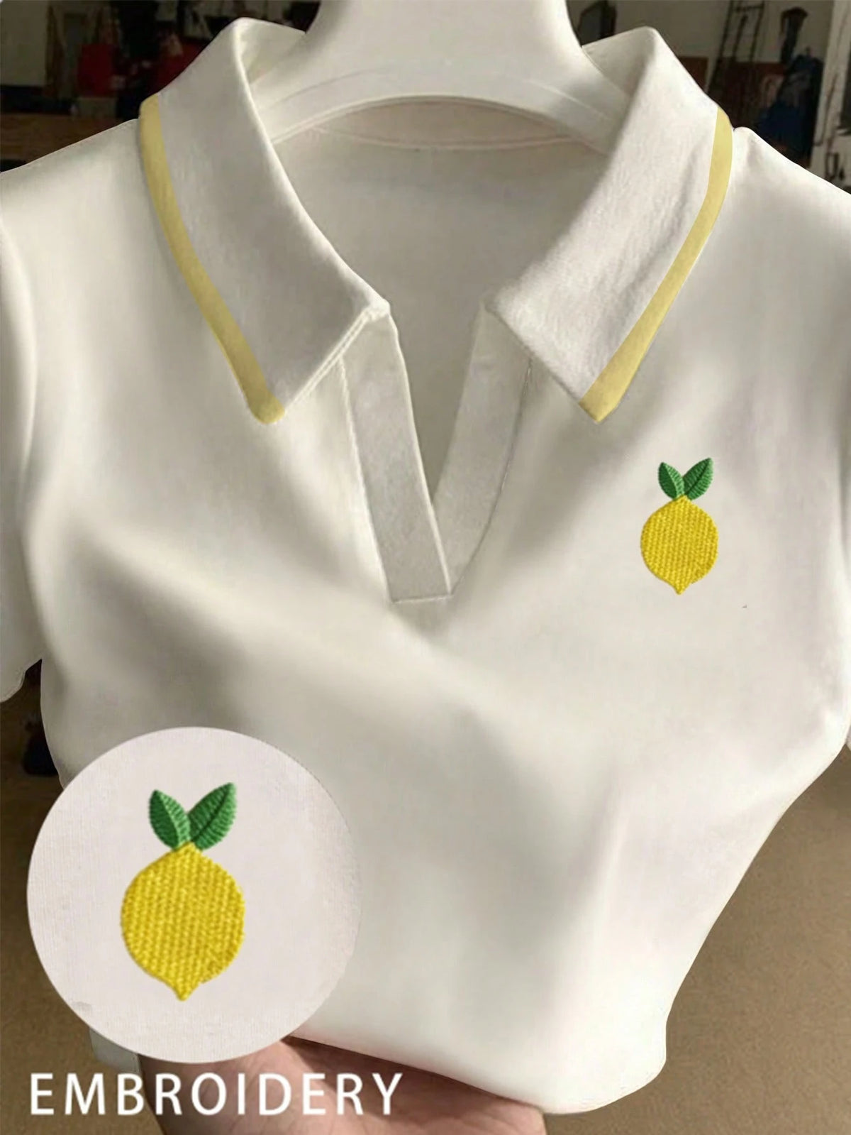 Franclia Women's Casual Lemon Embroidery Striped Print Short Sleeve T-Shirt, Suitable For Daily Commute And Vacation