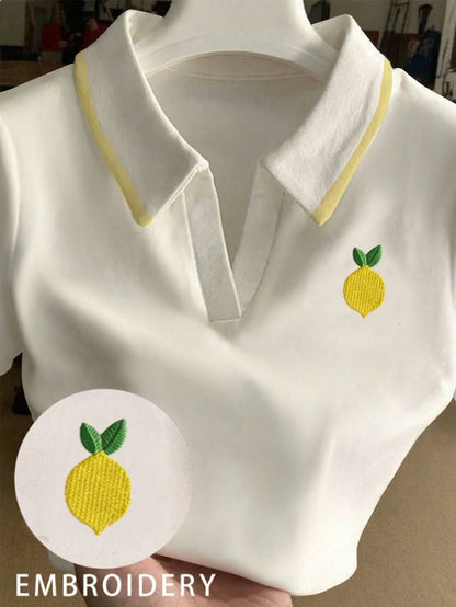Franclia Women's Casual Lemon Embroidery Striped Print Short Sleeve T-Shirt, Suitable For Daily Commute And Vacation