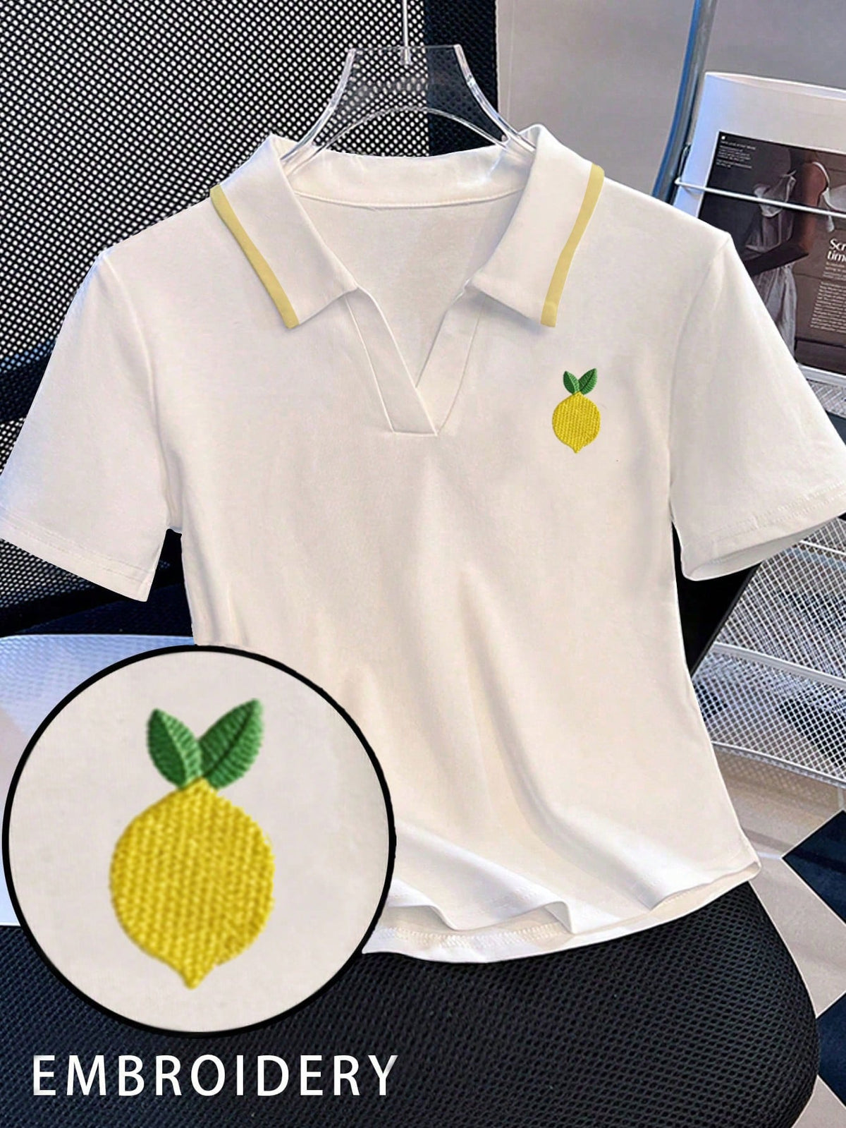 Franclia Women's Casual Lemon Embroidery Striped Print Short Sleeve T-Shirt, Suitable For Daily Commute And Vacation
