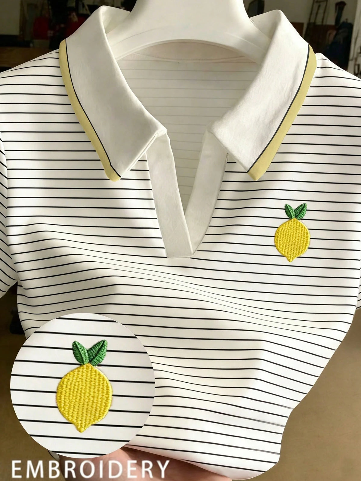Franclia Women's Casual Lemon Embroidery Striped Print Short Sleeve T-Shirt, Suitable For Daily Commute And Vacation