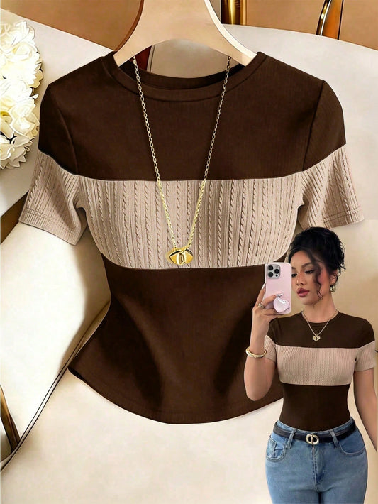 Franclia Women's Contrast Color Elegant Round Neck Short Sleeve Casual Knit T-Shirt, Women's Outing Top, Commute, Women's Office Wear, Women's Casual Top