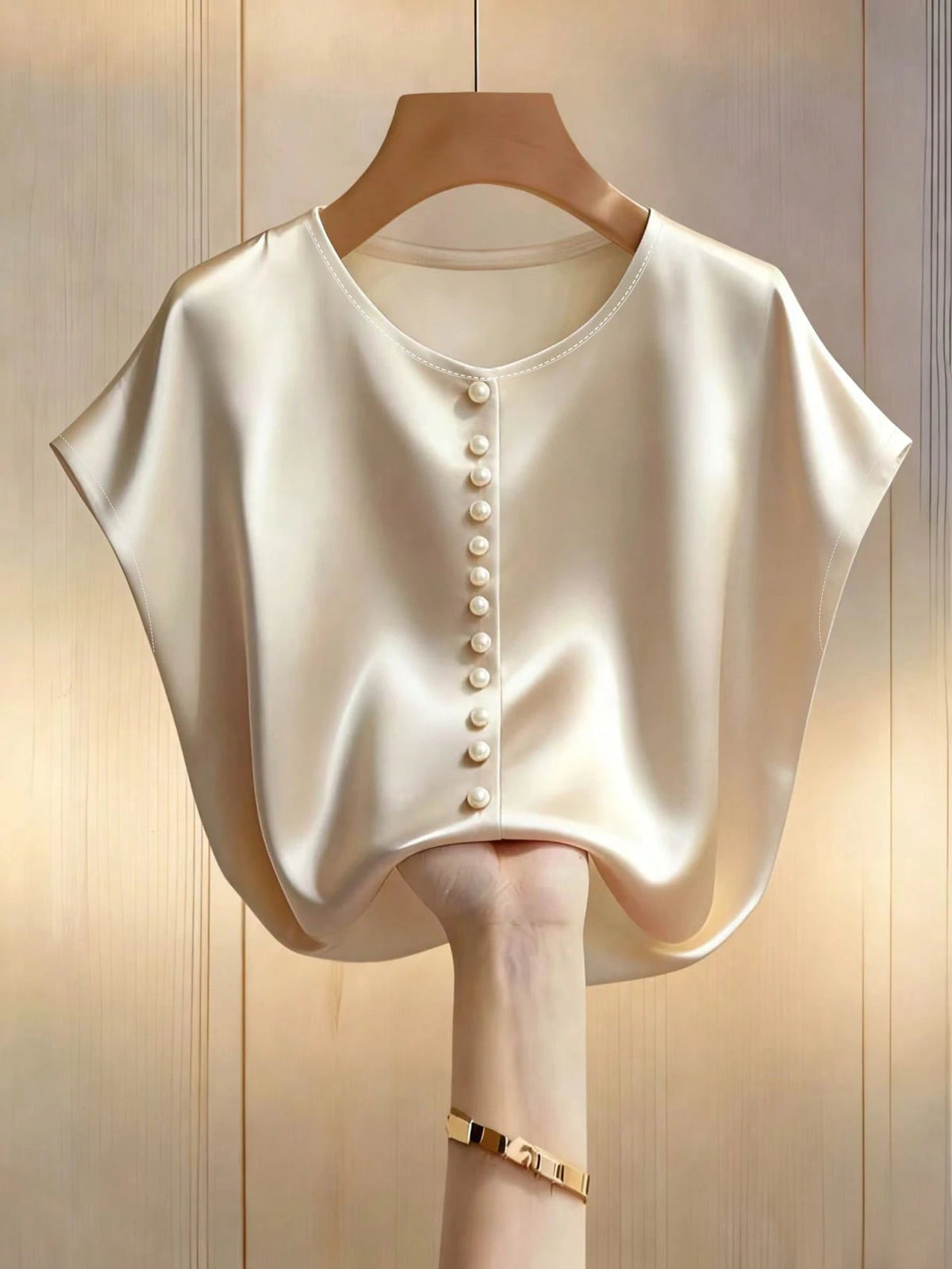 Franclia Women's Pearl White Elegant Summer Tea Party Blouse,Champagne Batwing Sleeve Round Neck Pearl Short-Sleeved Satin Fabric Top,Spring Holiday Wear