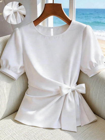 Franclia Women's Solid Color Fashionable Blouse, New Summer Knotted Top, Casual Elegant Daily Commute Party Travel, Summer 2026