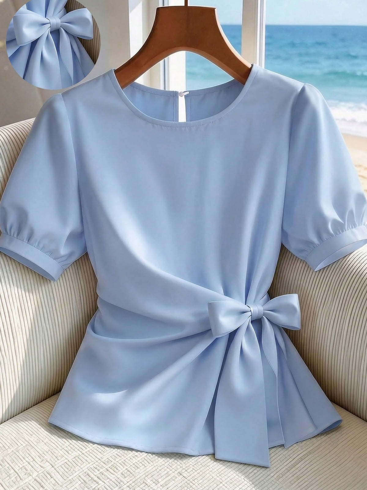 Franclia Women's Solid Color Fashionable Blouse, New Summer Knotted Top, Casual Elegant Daily Commute Party Travel, Summer 2026