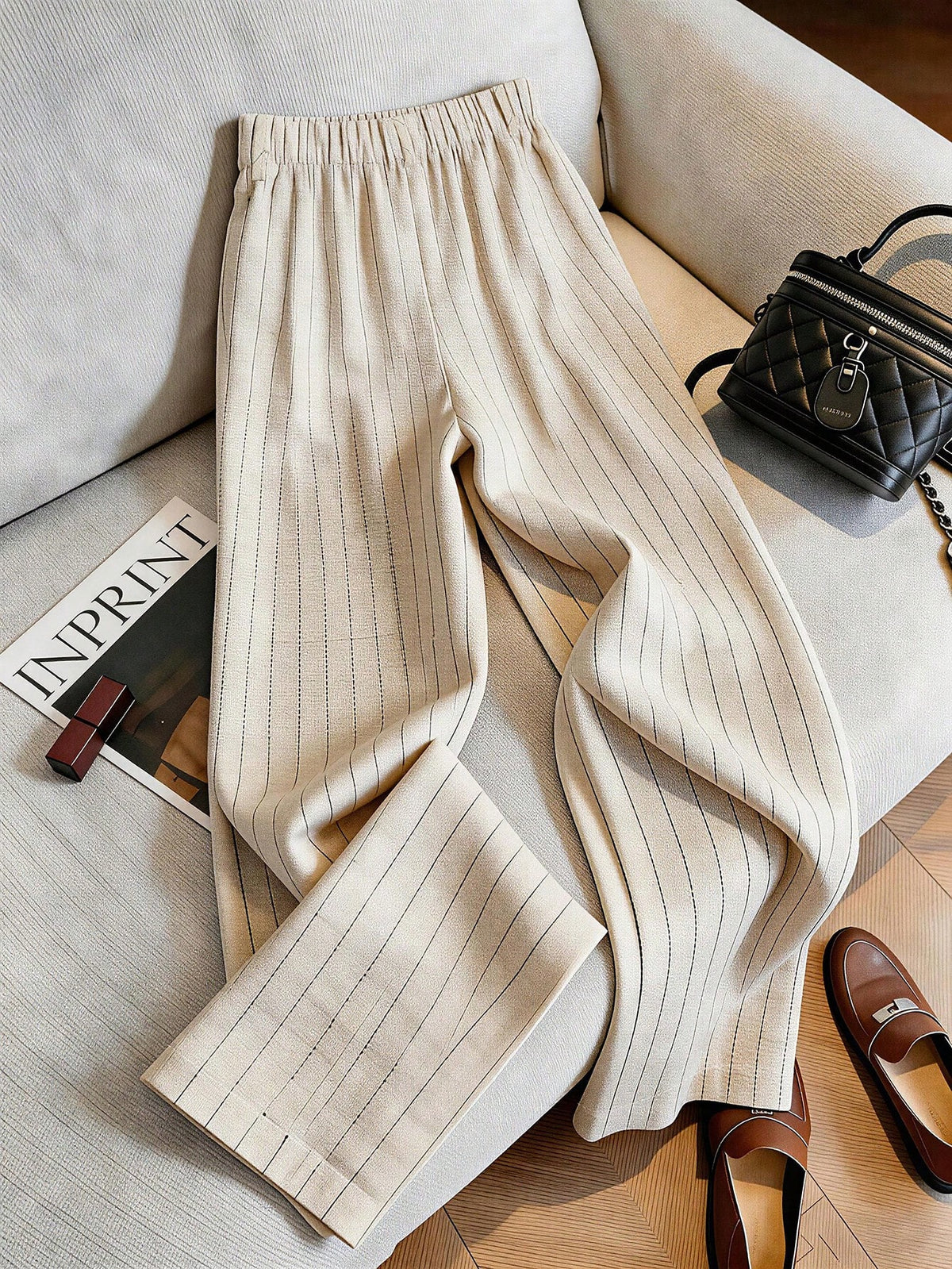 Franclia Women's Striped Pleated Button Casual Versatile Wide Leg Pants For Daily Wear