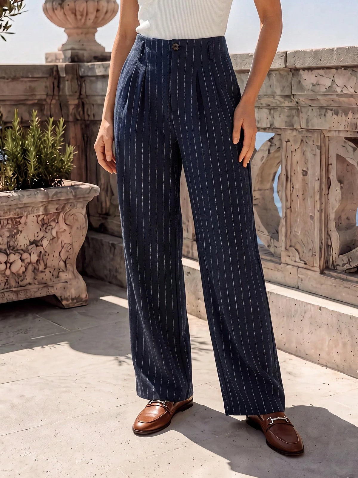 Franclia Women's Striped Pleated Button Casual Versatile Wide Leg Pants For Daily Wear