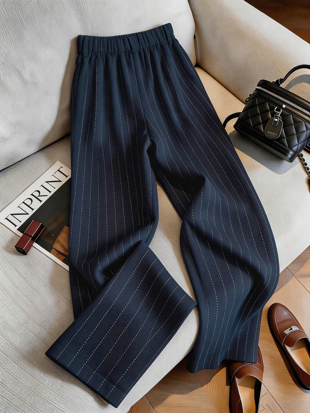 Franclia Women's Striped Pleated Button Casual Versatile Wide Leg Pants For Daily Wear