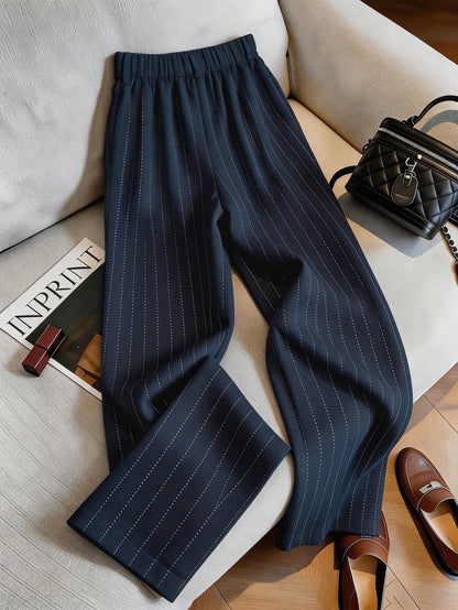 Franclia Women's Striped Pleated Button Casual Versatile Wide Leg Pants For Daily Wear