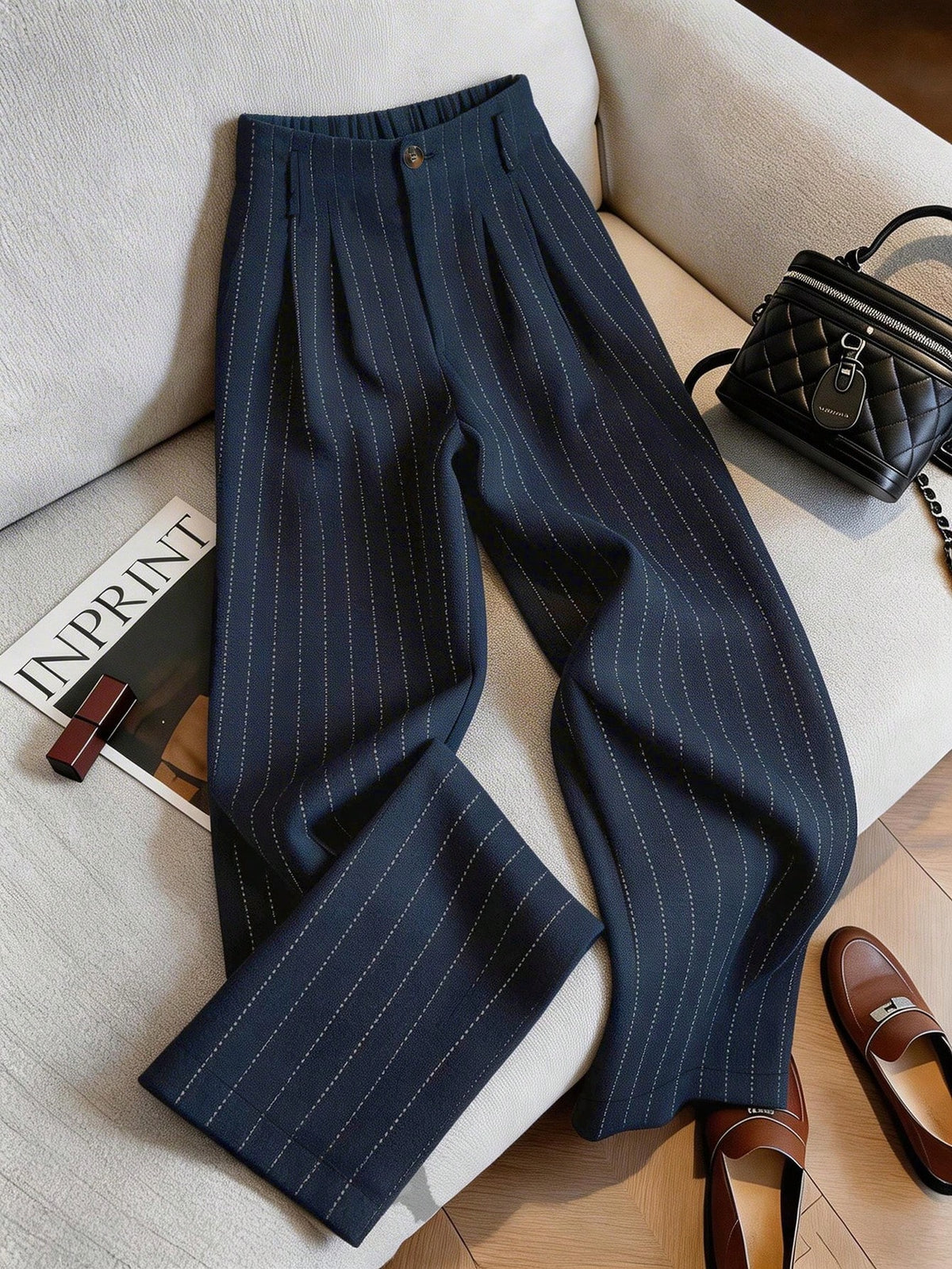 Franclia Women's Striped Pleated Button Casual Versatile Wide Leg Pants For Daily Wear