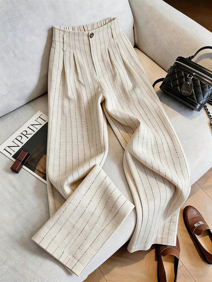 Franclia Women's Striped Pleated Button Casual Versatile Wide Leg Pants For Daily Wear