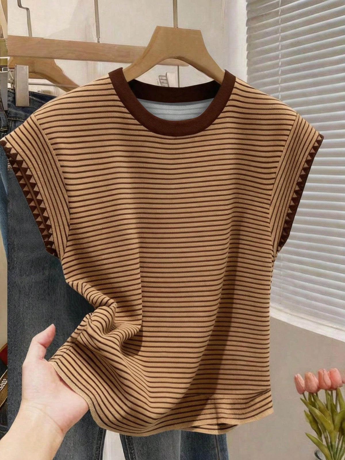 Franclia Women's Summer Casual Vacation Daily Commute Colorblock Striped Print Cap Sleeve T-Shirt