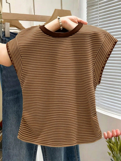 Franclia Women's Summer Casual Vacation Daily Commute Colorblock Striped Print Cap Sleeve T-Shirt
