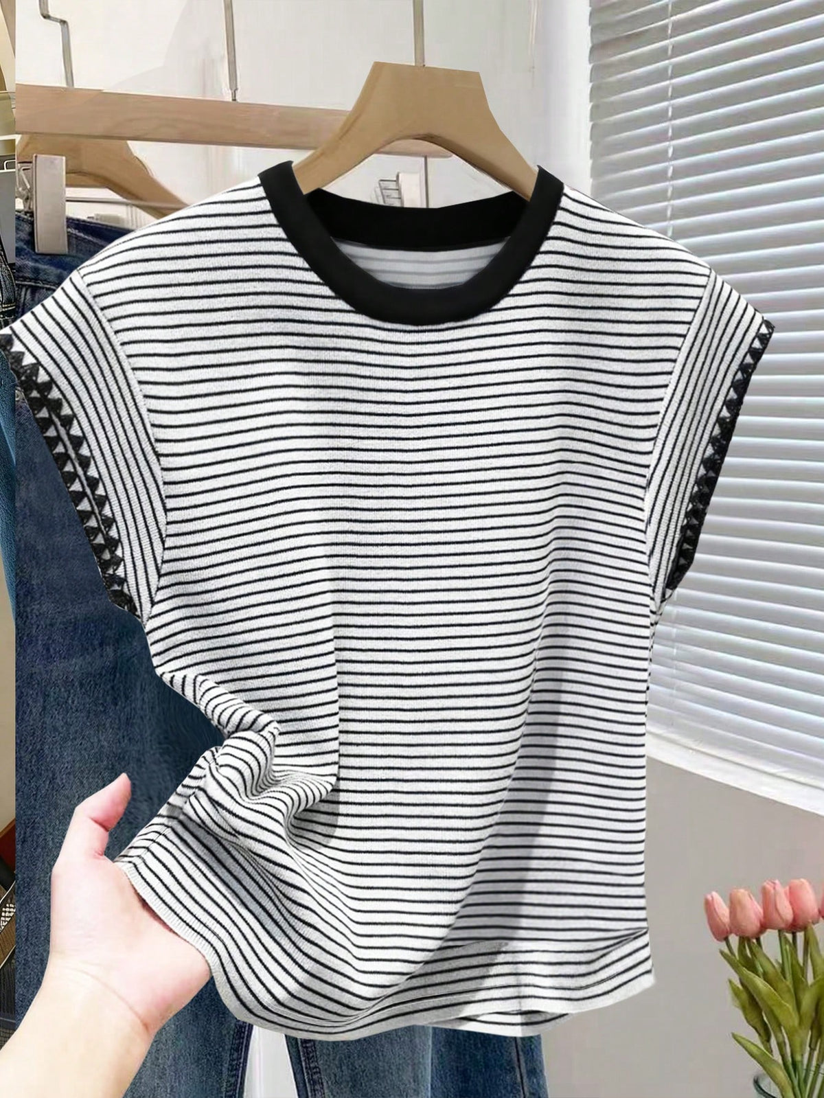 Franclia Women's Summer Casual Vacation Daily Commute Colorblock Striped Print Cap Sleeve T-Shirt