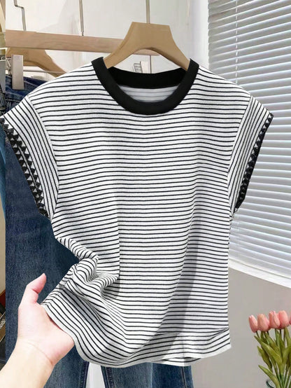 Franclia Women's Summer Casual Vacation Daily Commute Colorblock Striped Print Cap Sleeve T-Shirt
