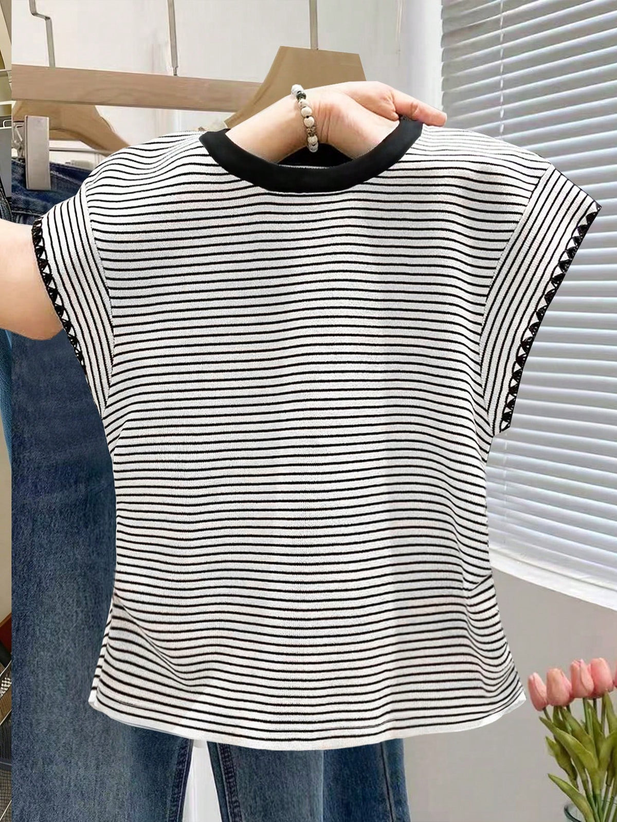 Franclia Women's Summer Casual Vacation Daily Commute Colorblock Striped Print Cap Sleeve T-Shirt