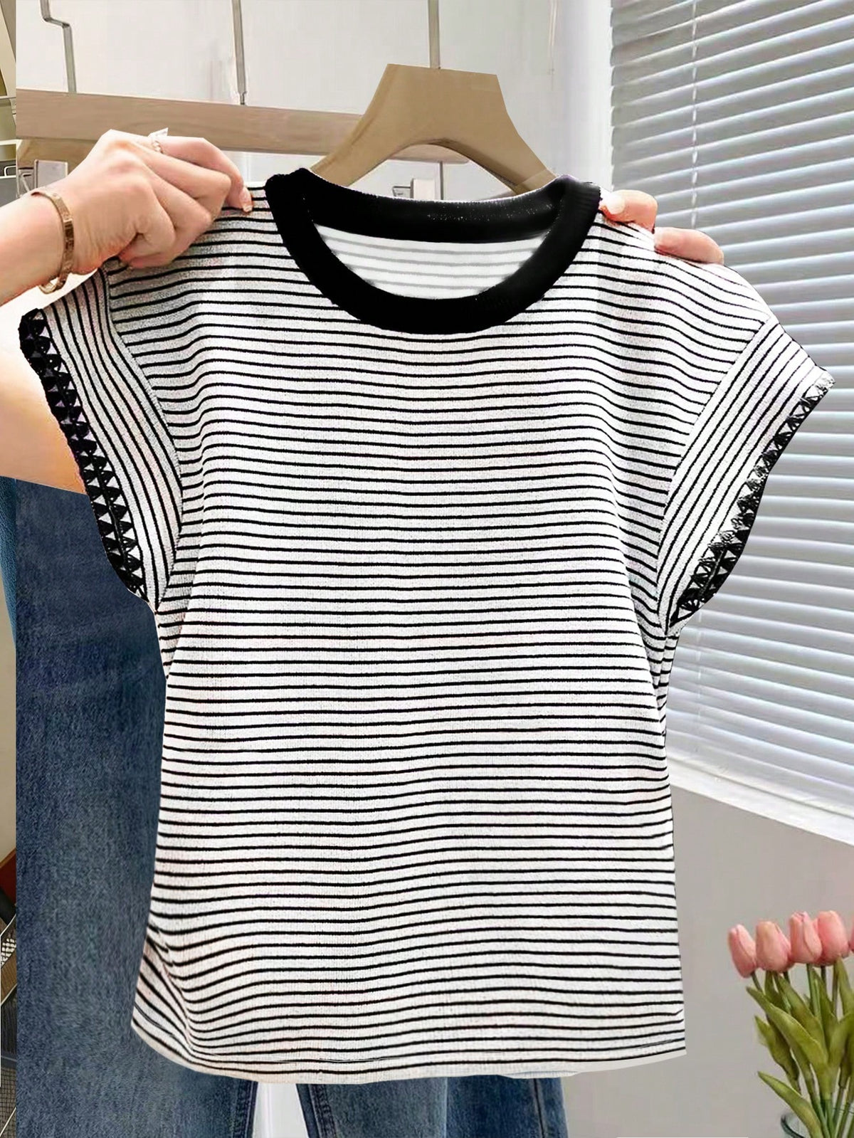 Franclia Women's Summer Casual Vacation Daily Commute Colorblock Striped Print Cap Sleeve T-Shirt