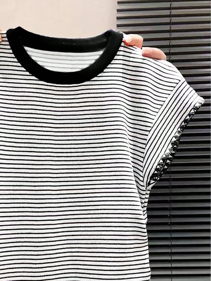 Franclia Women's Summer Casual Vacation Daily Commute Colorblock Striped Print Cap Sleeve T-Shirt