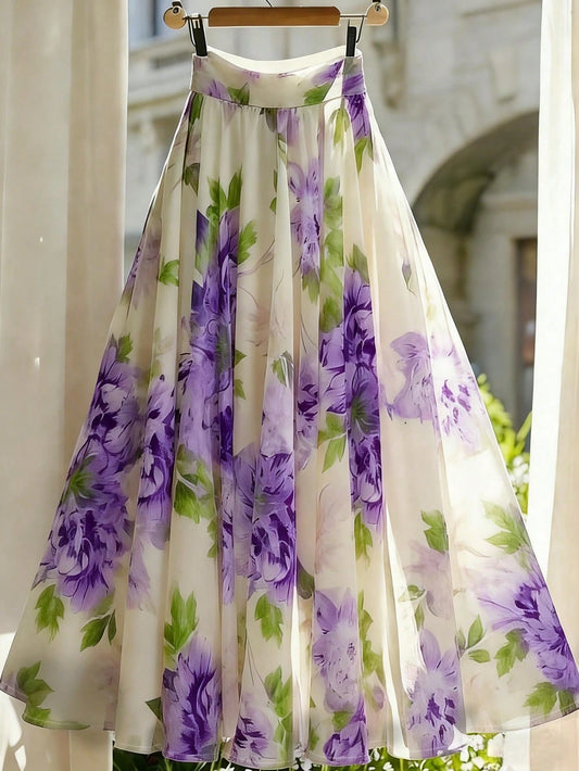 Franclia Women's Summer Elegant Light Purple Floral Print A-Line Midi Skirt With Elastic Waist,Off-White Vacation Holiday Beach Wedding Guest Skirt