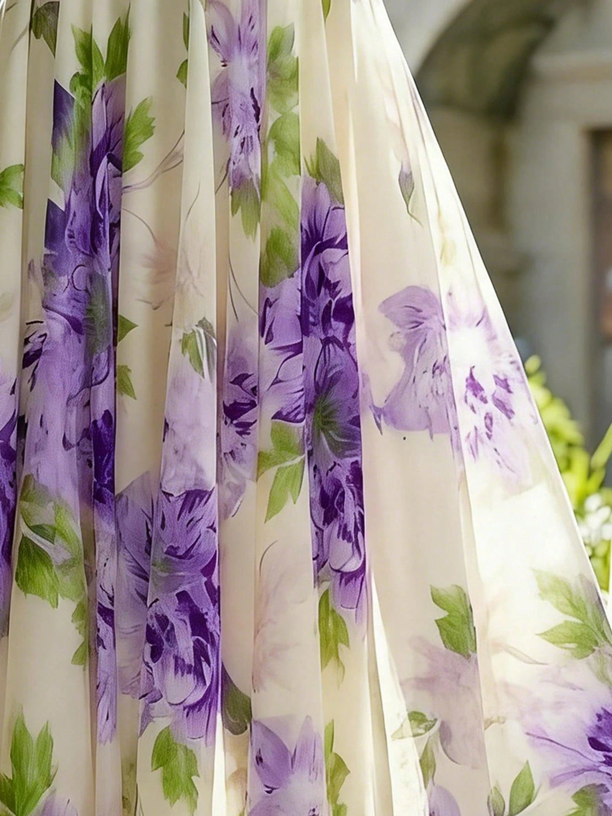Franclia Women's Summer Elegant Light Purple Floral Print A-Line Midi Skirt With Elastic Waist,Off-White Vacation Holiday Beach Wedding Guest Skirt
