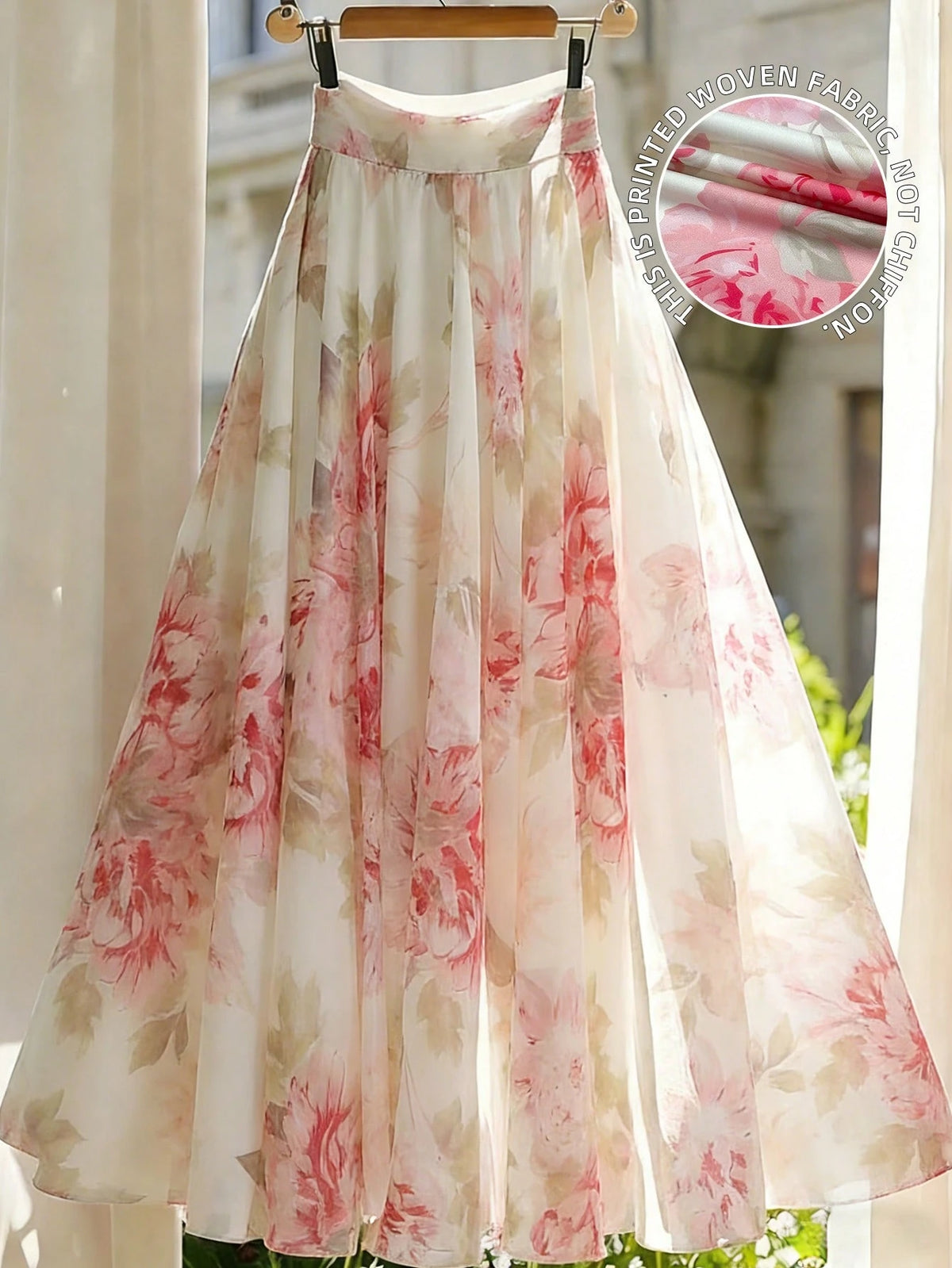 Franclia Women's Summer Elegant Light Purple Floral Print A-Line Midi Skirt With Elastic Waist,Off-White Vacation Holiday Beach Wedding Guest Skirt