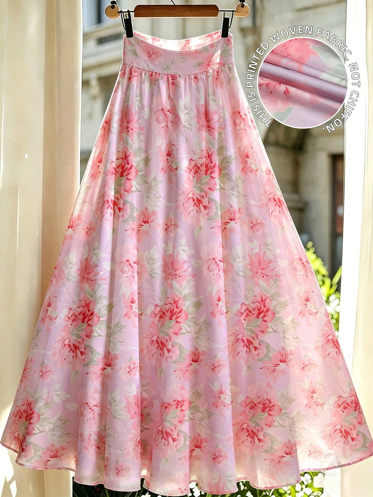 Franclia Women's Summer Elegant Light Purple Floral Print A-Line Midi Skirt With Elastic Waist,Off-White Vacation Holiday Beach Wedding Guest Skirt