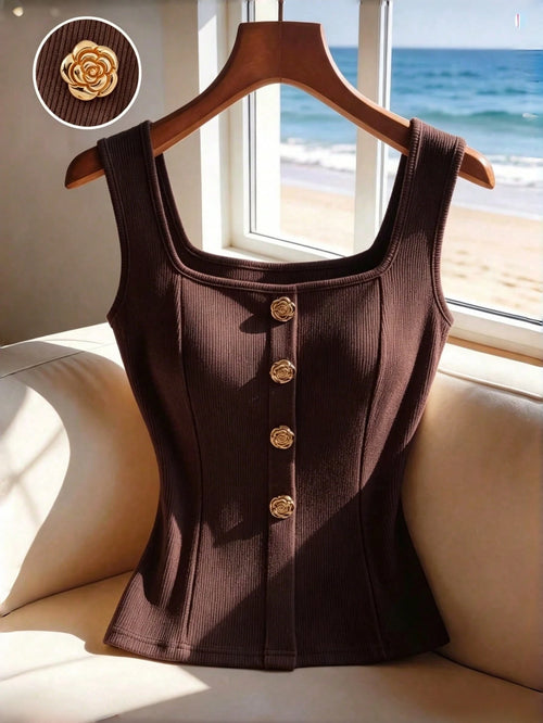 Franclia Women's Summer Square Neck Sleeveless Tank Top With Front Faux Placket And Decorative Metal Buttons, H-Line All-Match Fit, Ribbed Textured Stretch Knit Fabric, Casual Versatile Elegant