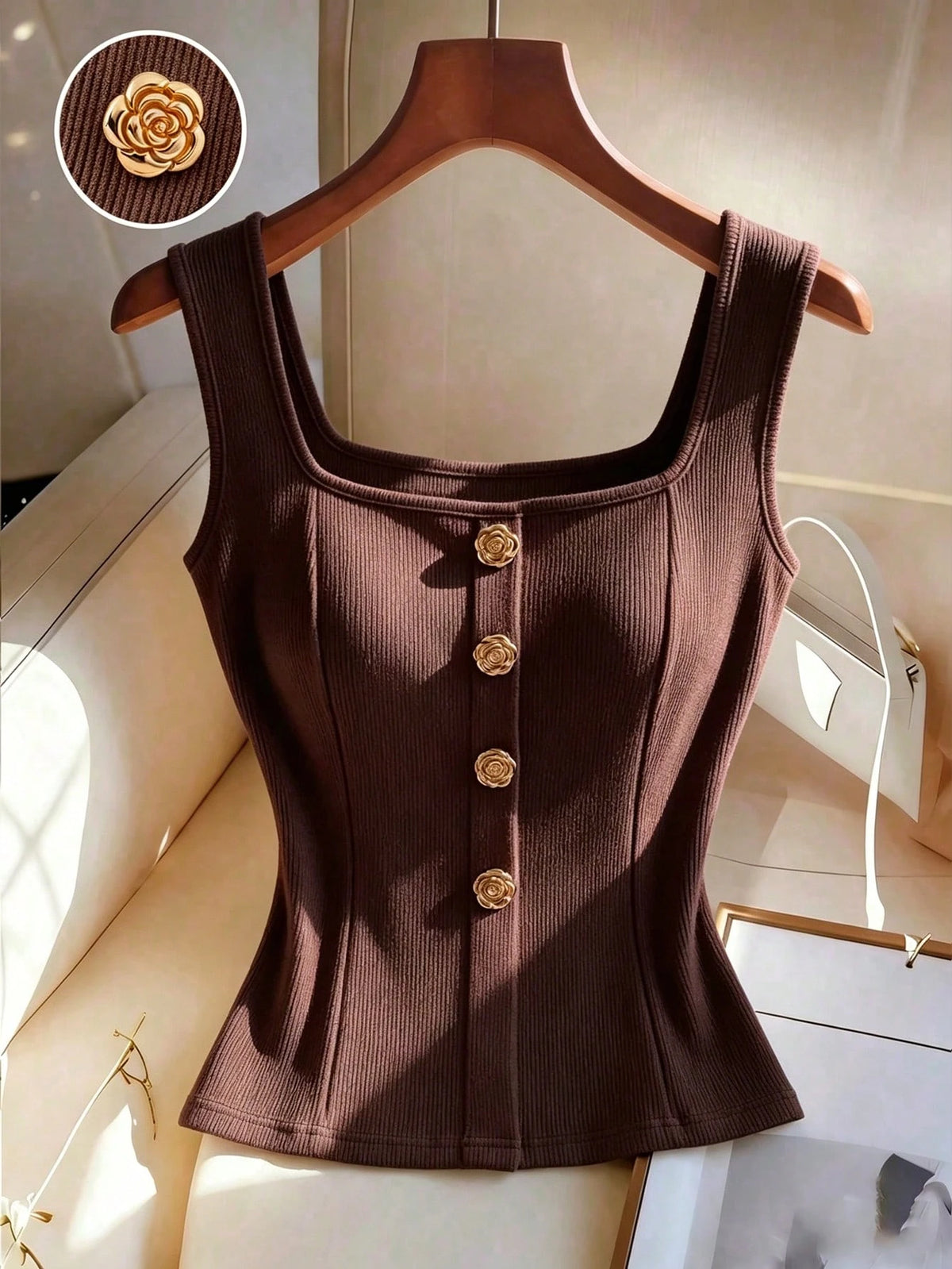 Franclia Women's Summer Square Neck Sleeveless Tank Top With Front Faux Placket And Decorative Metal Buttons, H-Line All-Match Fit, Ribbed Textured Stretch Knit Fabric, Casual Versatile Elegant
