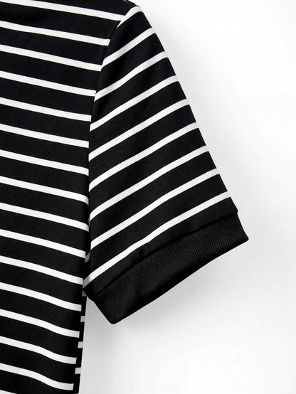 Franclia Women's Vintage Black And White Striped Short Sleeve Dress,Summer Casual Retro Elegant Party Dress,School Back-To-School Commuting Leisure Wear